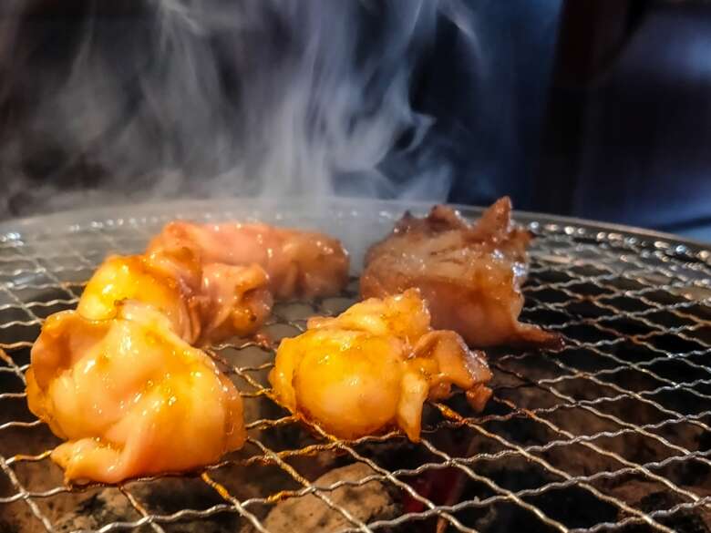 網でじっくりと焼かれるホルモン